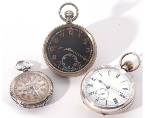 Lot of three pocket watches one hallmarked for silver with a decorative case and dial, another with a white enamel dial, blac