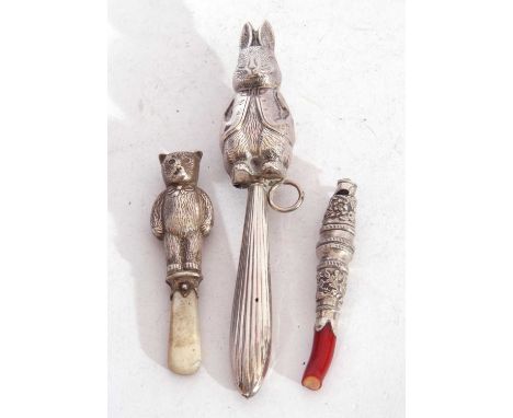 Mixed lot to include a vintage continental white metal baby rattle in the form of Peter Rabbit, a hallmarked teddy bear teeth