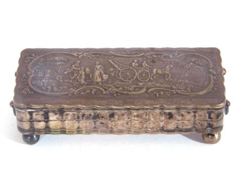 19th Century white metal Dutch trinket box of rectangular form, the hinged lid with embossed figure and animal scene having t