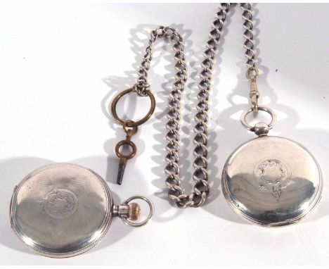 Two Hunter silver pocket watches and a white metal chain. The first pocket watch is made by Elgin and has a white enamel dial