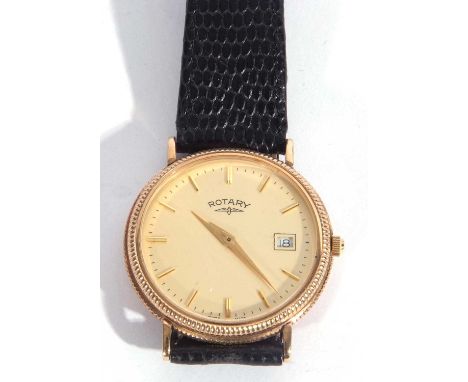 Gents 9ct gold Rotary quartz wrist watch, hallmarked for 9ct gold on inside of case back, Rotary leather strap, featuring a c