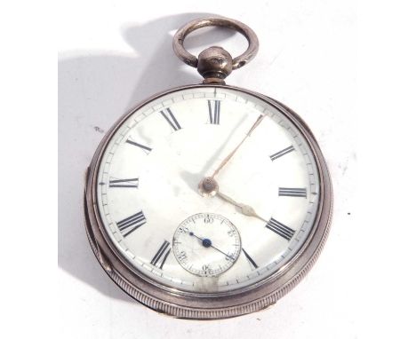 Silver pocket watch with white enamel dial, featuring a sub-second dial and Roman numeral hour markers, key wound movement, c