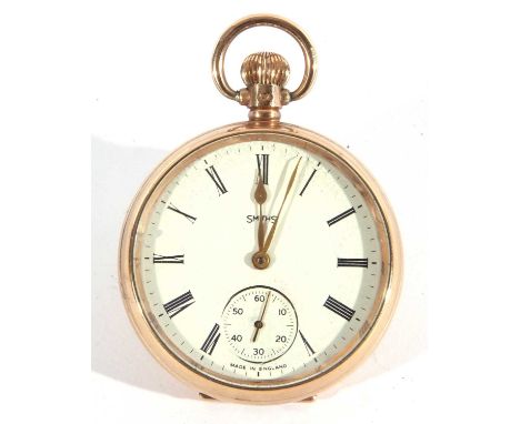 A 9ct Gold Smiths pocket watch, 50mm dial, manually wound movement. Hallmarks for 9ct gold are found throughout the case back