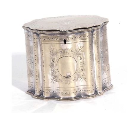 Antique silver plated tea caddy and key in Georgian style of oval panel form, chased engraved detail, stamped beneath Mappin 