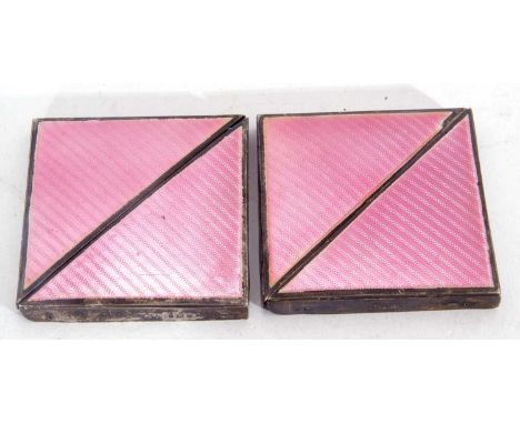 Group of four Art Deco silver pink and enamel desk blotter corners frame, London 1926, makers mark William Comyms &amp; Sons