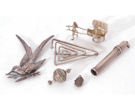 Mixed Lot: silver and white metal wares to include small model man with rickshaw, a brooch in the form of a bird, propelling 