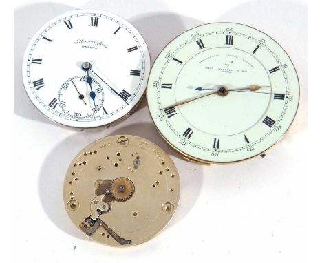 Lot of three pocket watch movements and dials, one by Thomas Russell &amp; Sons complete with white enamel dial and black Rom