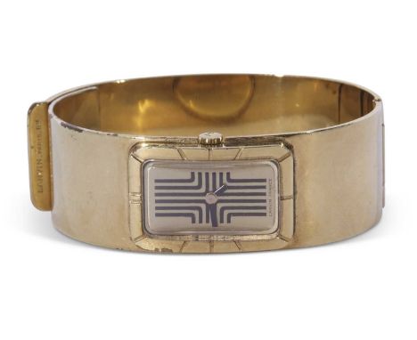 Ladies last quarter of 20th century designer type gold plated bangle watch, French made by Lanvin, Paris, having black enamel