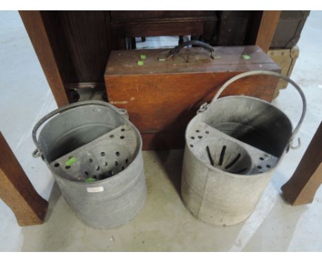 Two vintage mop buckets and toolbox