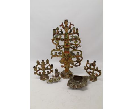 Large Mexican Folk Art ceramic candlestick with meandering candle arms and figural and animal ornaments, on domed foot, 77cm 
