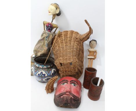 Group of unusual works of art - to include a wickerwork sculpture of a bull's head, carved wooden mask, Victorian carved doll