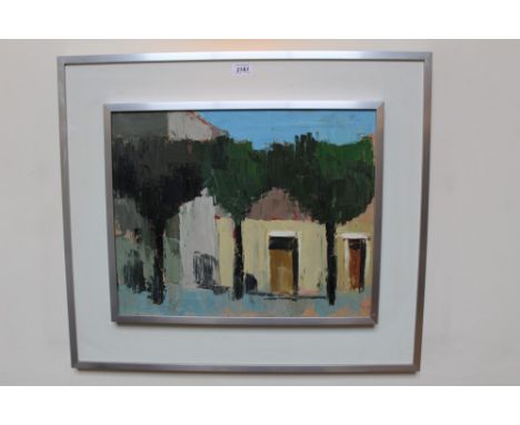 Peter Collins, oil on board - river scene at dusk, signed, 29cm x 36cm, together with an oil on canvas - architectural study,