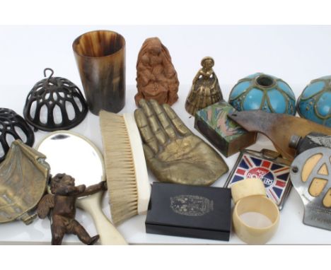 Quantity of decorative items - to include metalware, horn vessels and sundries contained in a tin trunk