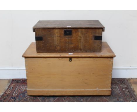 Victorian grained pine trunk with iron handles, 73cm wide, together with a Victorian pine blanket box (2)