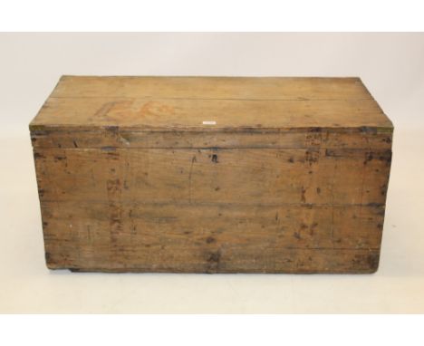 19th century pine and brass bound trunk, 106cm wide x 50cm deep x 53cm high