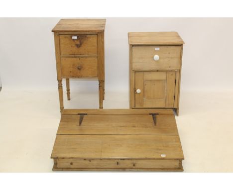 19th century pine clerks desk with hinged slope, together with a bedside cupboard with ceramic handles and one other pine bed