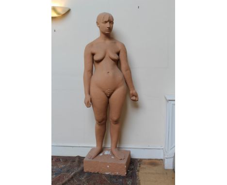 Karin Jonzen (1914-1998), life-size plaster model of a standing female nude, on square base, with terracotta finish, 179cm hi