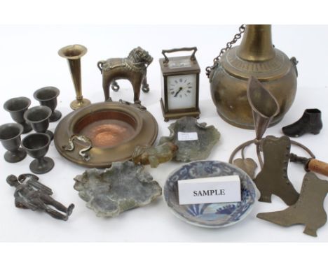 Group of Victorian and later metalware, brass cased carriage clock, hardstone dishes and sundry items