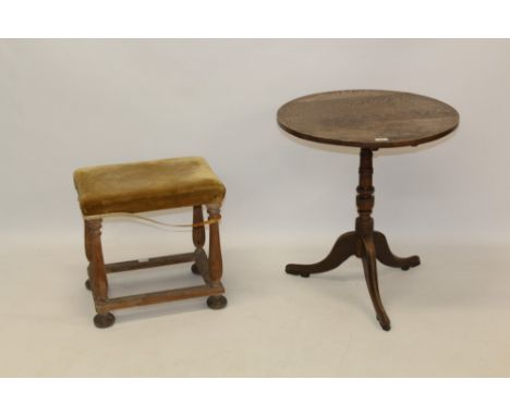 George III oak occasional table, circular top on ring-turned column and tripod cabriole legs, 60cm diameter, together with an