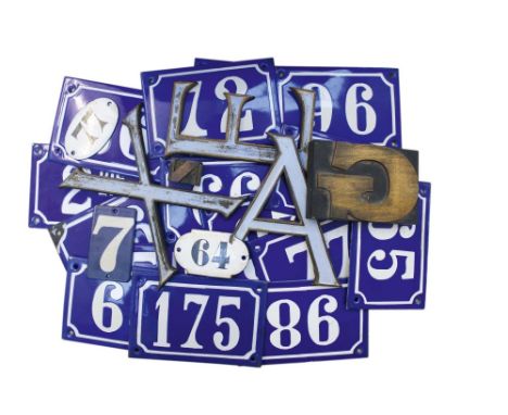 Collection of vintage French enamelled house number plates (approximately thirty), together with a group of enamelled letters