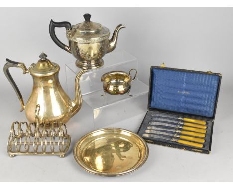 A Collection of Various Silver Plate to Comprise Toast Rack, Teapots, Cased Bakelite Handled Butter Knives etc 