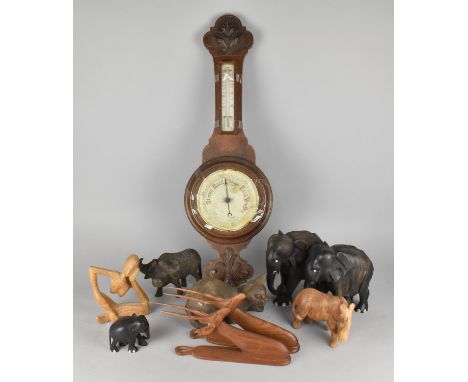 A Late Victorian/Edwardian Oak Wall Barometer (In Need of Attention) Together with Various Wooden Elephants etc 