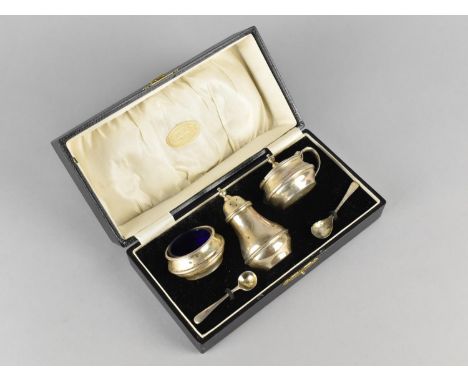 A Cased Three Piece Silver Cruet by William Neale &amp; Son Ltd to Comprise Salt, Pepper and Mustard Pot Together with Two Si