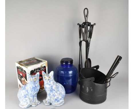 A Collection of Sundries to Comprise Metal Fire Companion Stand, Coal Bucket, Pair of Ceramic Cats etc 