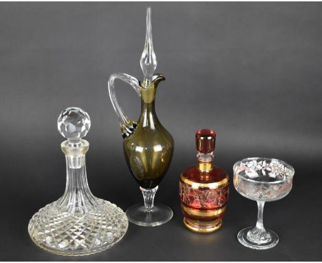 A Collection of Various Glass to Comprise Smoked Glass Decanter Jug, Cut Glass Ships Decanter etc 