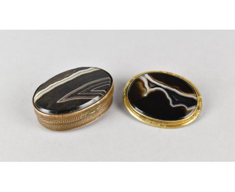 A Scottish Snuff or Patch Box with Double Sided Agate together with an Agate Brooch with Gold Plated Frame 
