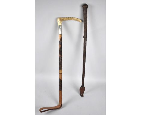 A Vintage Bamboo Shafted Bone Handled Riding Crop and a Leather Riding Whip 