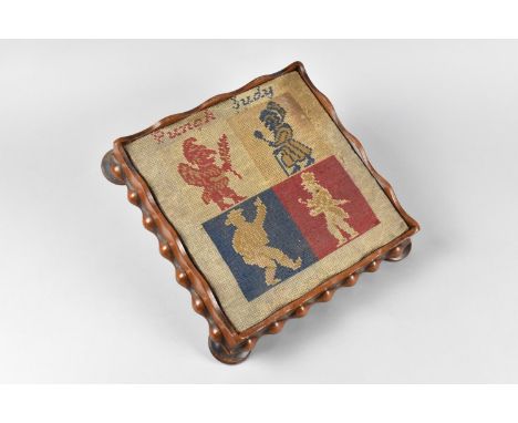 A Late Victorian Mahogany Framed Stand/Footstool with Tapestry Punch and Judy Decoration, Four Bun Feet, 25cms Square 