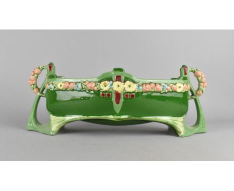 An Early 20th Century Pottery Jugendstil Planter of Rectangular Form, Decorated in Relief with Flowers on Green Ground, 41cm 