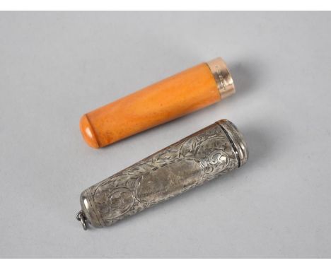 A 9ct Gold Mounted Amber Cheroot Holder with Shaped Silver Case Having Engraved Decoration, 7cms Long 