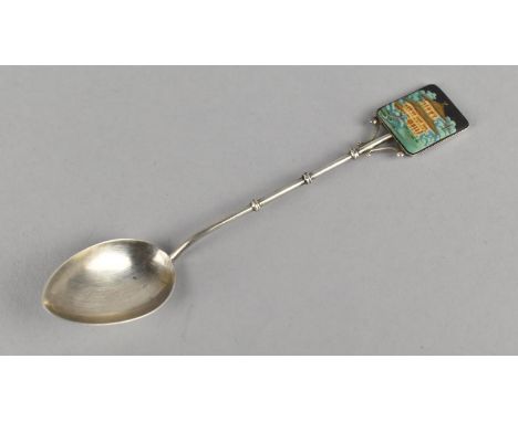 A Silver Japanese Spoon by Toshikane with Enamel Ceramic Mount Decorated with Pagoda, Marked Sterling 
