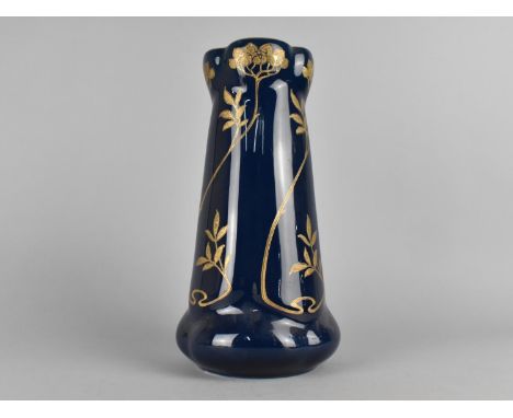 An Art Nouveau Ceramic Vase, Blue Glazed with Gilt Nouveau Floral Motif Detailing, 30cm high 