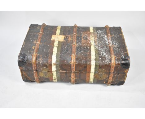 A Late 19th/Early 20th Century Canvas and Wooden Bound Travelling Trunk, Currently Locked with no Key, 90cms Wide 