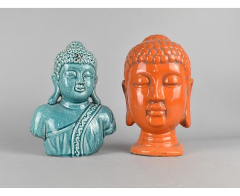 Two Modern Glazed Ceramic Thai Busts of Buddha, 25cms High 