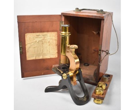 A Vintage Brass and Iron Microscope in Mahogany Case with Spare Lenses by Henry Crouch 