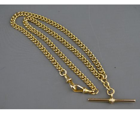 A FIFTEEN CARAT GOLD ALBERT CHAIN with regular links, T-bar and two swivels, 34 grms, all links marked