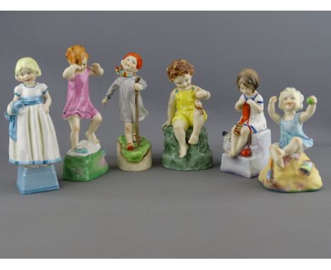 SIX ROYAL WORCESTER FIGURINES from the 'Days of the Week' series (Tuesday absent), modelled by Freda Doughty, all with black 