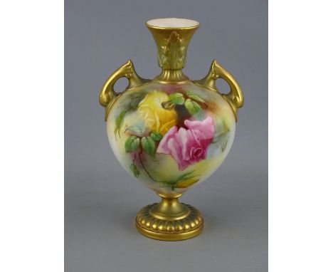 A ROYAL WORCESTER TWO HANDLED PEDESTAL VASE, hand painted by Jenny Lander, shape no. 2449 with factory marks to the base and 