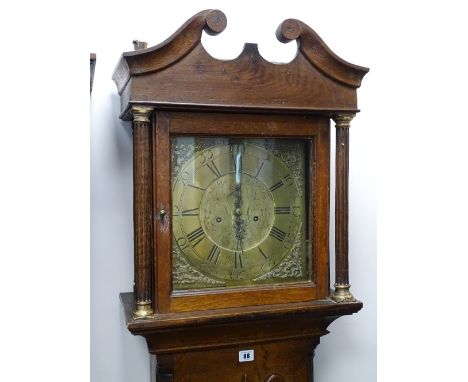 A LATE 18th CENTURY BRASS DIAL OAK LONGCASE CLOCK by Thomas, Caernarfon, having a 12 ins square engraved dial, set with Roman