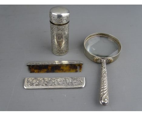 A SILVER CYLINDRICAL PERFUME BOTTLE with bright cut decoration, interior glass stopper, initials and date for 1900, assay for