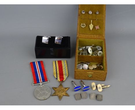 A QUANTITY OF GOLD, SILVER &amp; OTHER CUFFLINK SETS &amp; STUD BUTTONS etc, an unmarked yellow metal pin badge in the form o