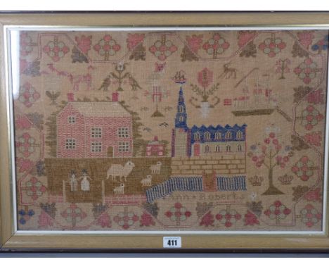 AN EARLY 19th CENTURY SAMPLER depicting a house, church, sheep and figures with trees and flowers etc by Ann Roberts, undated