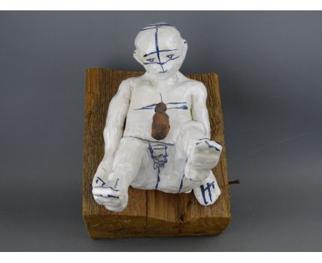PEA RESTALL RCA CONTEMPORARY CERAMIC &amp; WOOD SCULPTURE, titled 'My Inner Me', 27 cms high, 25 cms long maximum, 19 cms wid