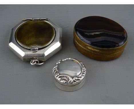 A TINY CIRCULAR SILVER PILL BOX, Birmingham 1902, an octagonal silver compact with mirrored and enamel lid and an oval yellow