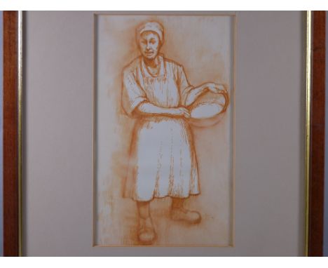 ANEURIN JONES mono colourwash - standing rural working lady with basin in hand, 24 x 14 cms