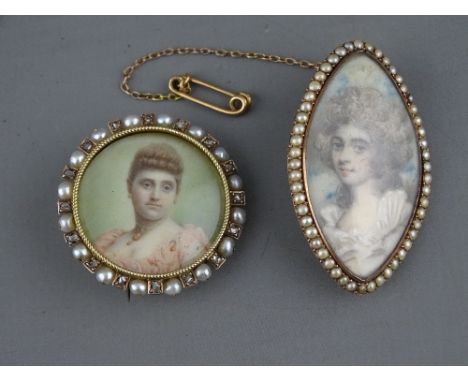 A GEORGE III OVAL PORTRAIT MINIATURE &amp; SEED PEARL BROOCH with a later example nine carat gold seed pearl and diamond set 